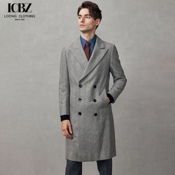 British Style Wool Gray Windbreaker Overcoat for Men's Mid-Length Double