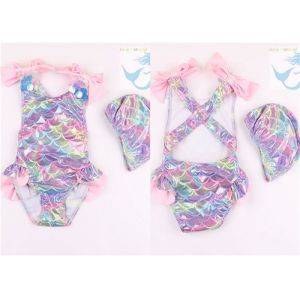 China 2PCS Set Kids Mermaid Bathing Suit Elastic Ruffled Low Cut Back With Large Bowknot on sale