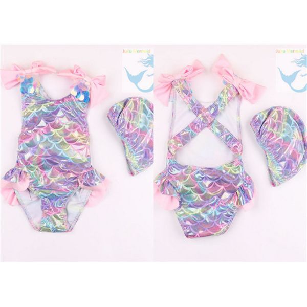2PCS Set Kids Mermaid Bathing Suit Elastic Ruffled Low Cut Back With Large