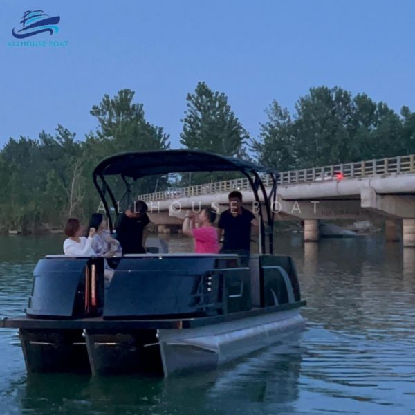 Quality Fiberglass Pontoon Boat with LED Navigation Lights Aluminum Hull and Single Layer Deck wholesale