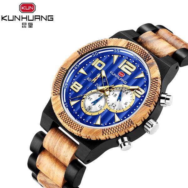 Quality Black Sandel And Zebra Wooden Quartz Watch Blue Dial Luminous Water Proof 1016-1 wholesale