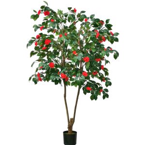 Cheap Artificial Camellia Potted Plant No Litght Fresh Leaves Red And Green Mixed Plant Indoor Decor for sale