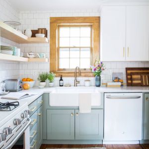 American Shaker Style Light Blue Lacquer Small Kitchen Cabinet Set With Sink For
