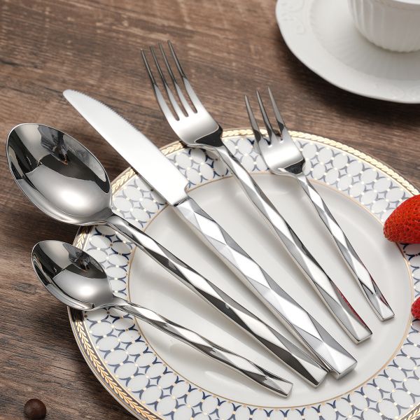 Silverware Set Diamond Cut Pattern Stainless Steel Cutlery Set Mirror Polished Dishwasher Safe