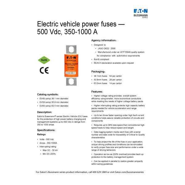 Original EV Electric Vehicle Fast Acting Fuse For New Energy 500VDC