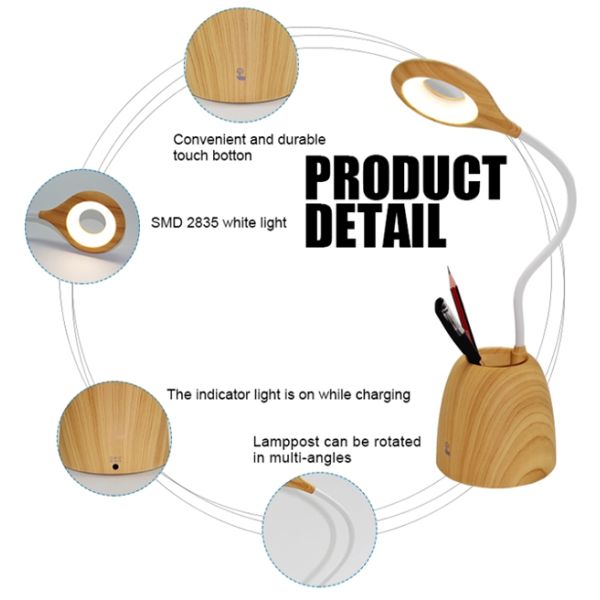 White Goose Neck Led Light Table Lamp Touch Control With Wood Grain Pen Holder