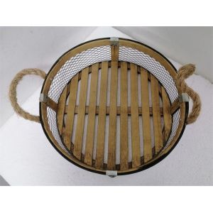 12.8 Inch Bamboo And Metal Food Storage Basket With Rope Handle Tray