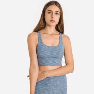 U Shape Neck Cross Back Stripe Womens Sports Bra Shockproof Gathering