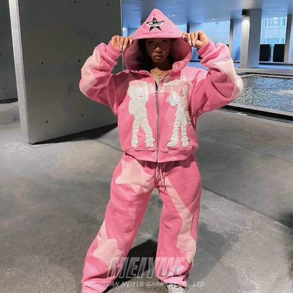 Quality Custom Embroidery Hoodie Sweat Pant Tracksuit Distressed Pullover Unisex Sweat 2 Pieces Suits Hoodie and Sweatpants Women Set wholesale