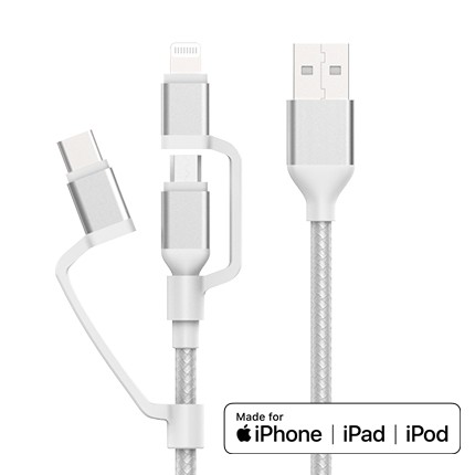 3 in 1 Lightning Micro USB type C Charging Cable, nylon braided, C89 MFi
