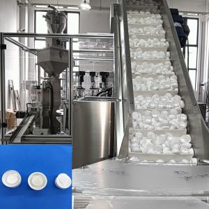 Cheap Desiccant cap automatic filling machine, turntable operation, with feeding elevator feeding, can reduce the manual dumping, efficiency increase for sale