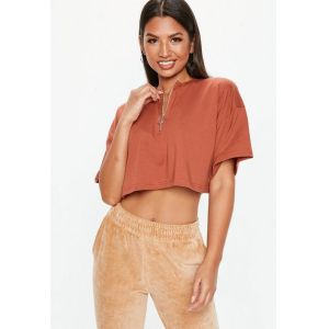 Rust Zip Front Custom Crop Top Clothing Women