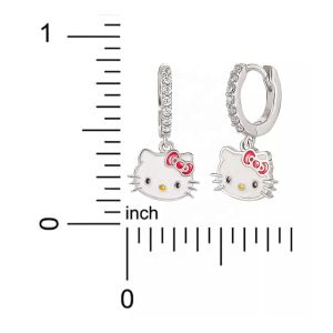 Rhodium Plated Hello Kitty Dangle Hoop Earrings in Sterling Silver with CZ and