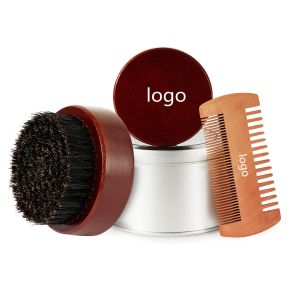 Beechwood Brown Round Beard Brush Customize Logo Beard Comb Kit