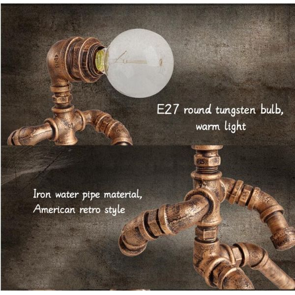 Creative Industrial Retro Wrought Iron Water Pipe Lamp Cafe Bar Bedroom Study Bedside Nightlight