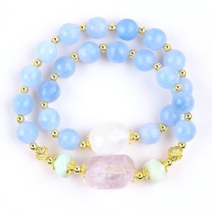 Handmade Custom Crystal Blue Chalcedony Double Layer Multifacted Round Bead
