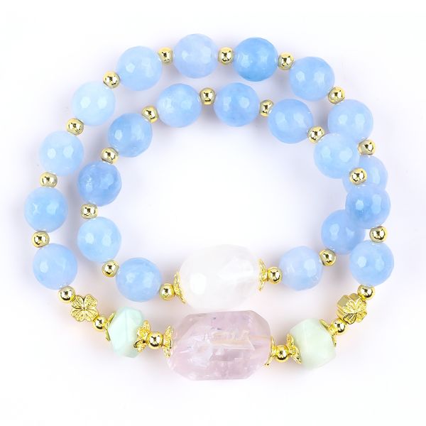 Handmade Custom Crystal Blue Chalcedony Double Layer Multifacted Round Bead