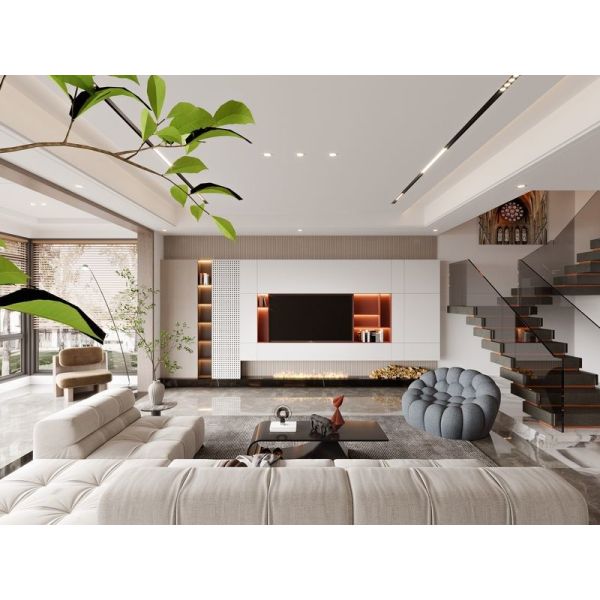 Sleek Minimalist Stainless Steel TV Cabinet Solution With Light Wood Grain