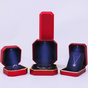 customizable hign end Handmade red octagon Led light jewelry box With gold trim