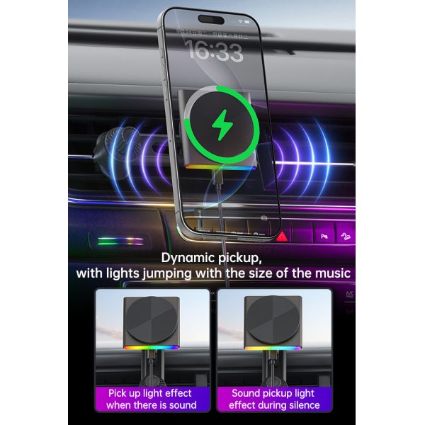 Qi2 Wireless Charger For Automotive Ultra-Thin Design Metal Material 9-Color RGB Light Effect One-Hand Operation Fast Charging