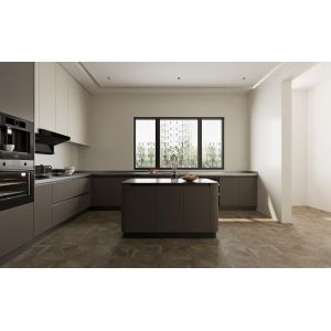 Fadior L Shaped Curved Island Kitchen In Chestnut Brown And Beige With Black