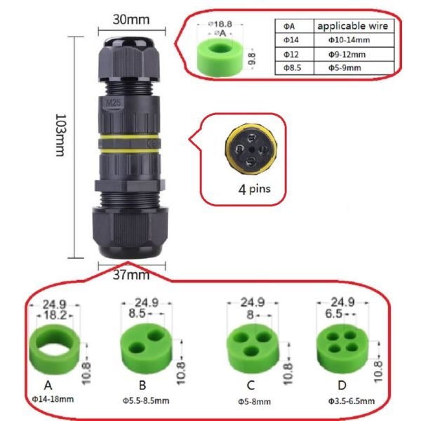 Waterproof Cable Connectors IP68 4 Pins Output 2~4 Wires For Musical Fountain Outdoor Lighting