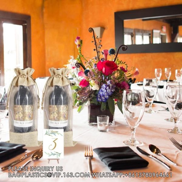 Burlap Wine Bags With Sheer Window, Hessian Cloth Bottle Gift Bags With Drawstring For Christmas Holiday Wedding Party