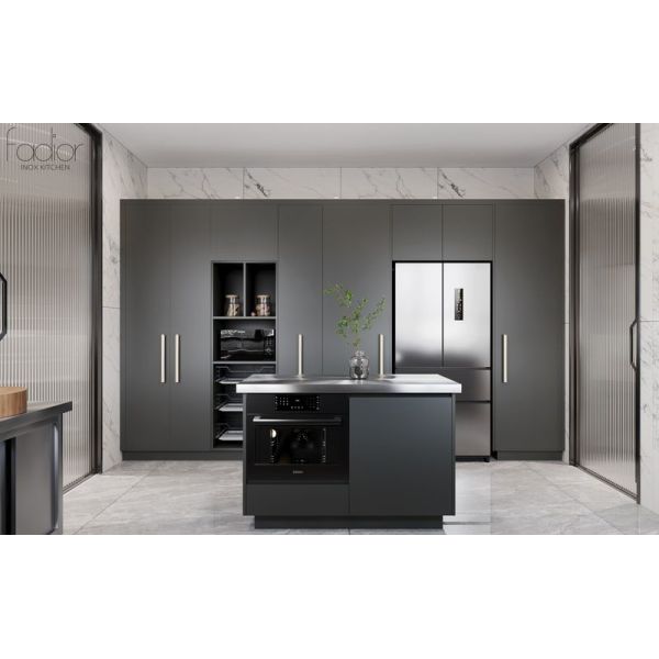 Modern Stainless Steel Double-Line Kitchen Cabinet With Integrated Appliances