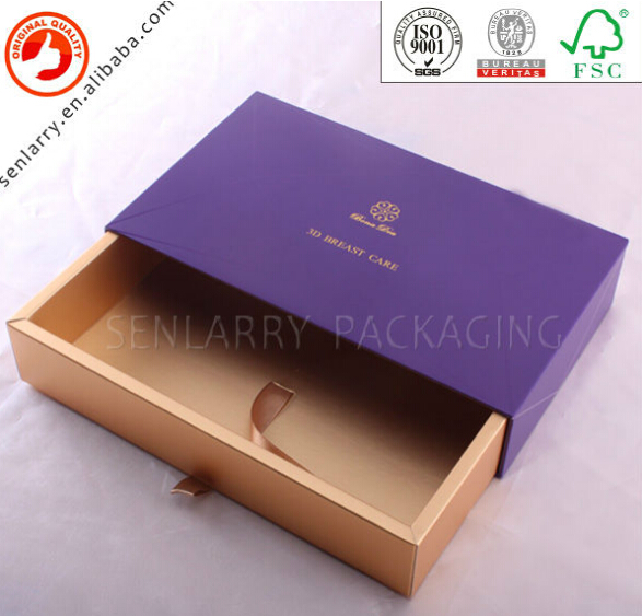 Promotional cheap recycled cosmetic packing box with drawer and ribbon