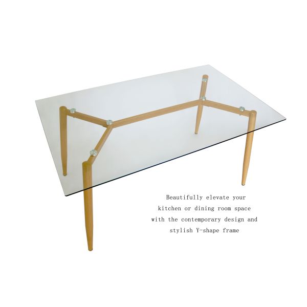 Clear 8mm Tempered Glass Top Dining Table With Y Shape Heat Transferred Legs