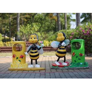 China Fiberglass Honeybee Cartoon Character Statues Decorative With Metal Trash Can on sale