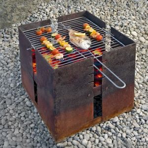 Pre Rusted Square Corten Steel Fire Pit And Grill Charcoal Burning
