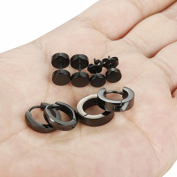 Unisex Black Color Stainless Steel Piercing Earring For Women Men Punk Gothic Barbell Earring