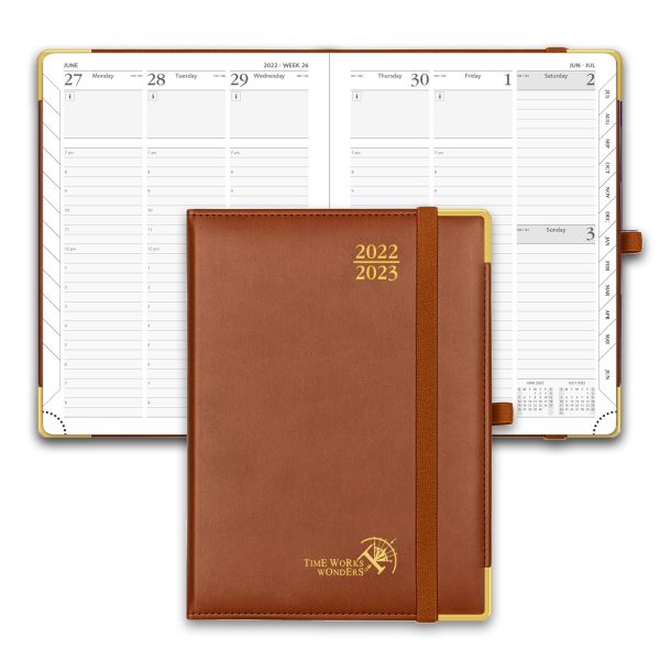 Weekly Planner 22-23 Brown Vertical Layout with Hourly Schedule And Easy-Track