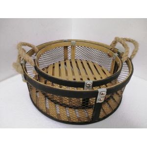 12.8 Inch Bamboo And Metal Food Storage Basket With Rope Handle Tray