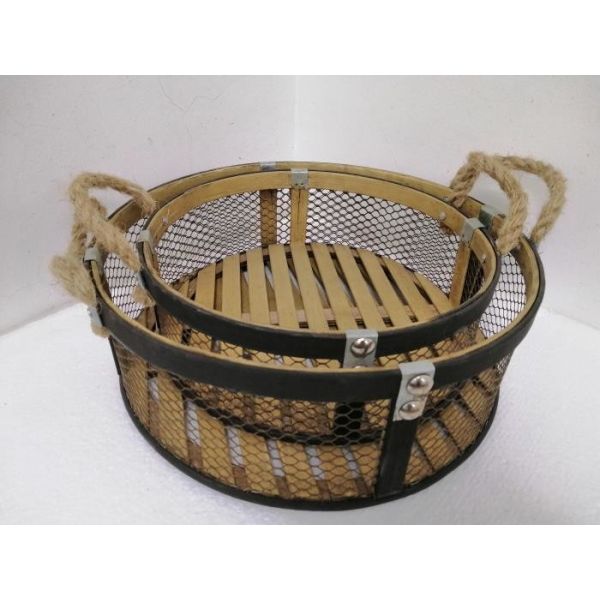 Quality 12.8 Inch Bamboo And Metal Food Storage Basket With Rope Handle Tray wholesale