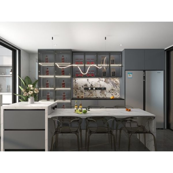 Fadior Gray-Blue Stainless Steel Double Linear Kitchen Cabinets With Wine Storage And Multifunctional Island