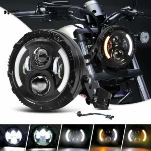 Motorcycle Headlights with Housing Bucket 7Inch Round LED DRL and Amber Turn Signals