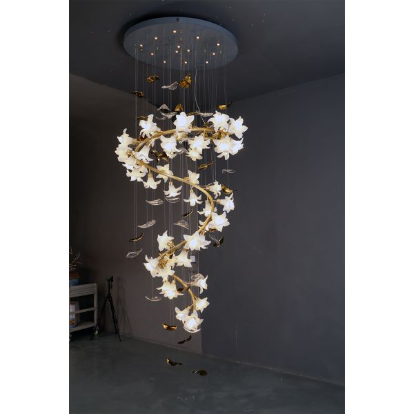 Glass Flower Pendant Chandelier Lights With Copper Ceramic Stair Hanging Lamp