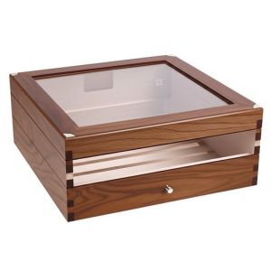 Double Layer Glass Top Cigar Box with Piano Lacquer Finish and Natural