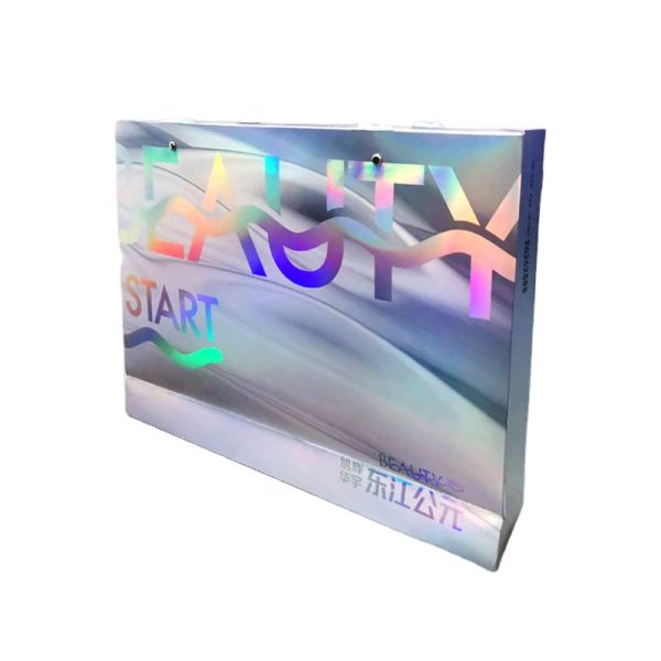 boutique Custom Printed Paper Bags Holographic Shopping Bag With Ribbon Handle