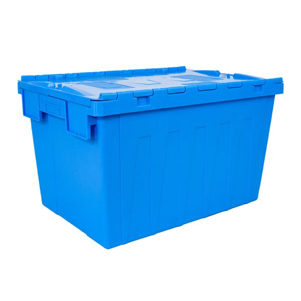 Plastic Moving Crate Stackable Tote Bin Attached Lid Crates for Hassle-Free