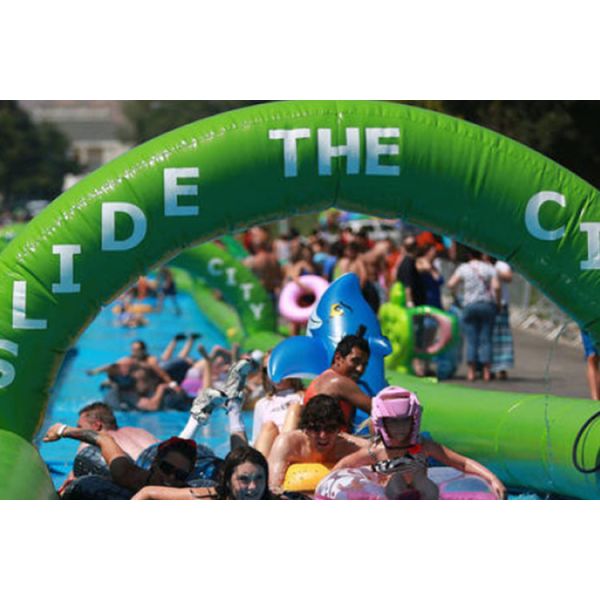Customized Three Lanes Inflatable City Slide For Outdoor Sports Game