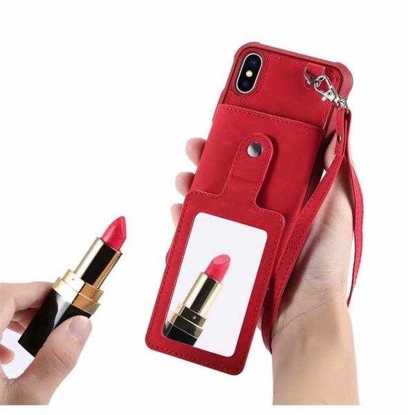 iPhone Leather Hidden Mirror Case with Card Slots Stay Back Cover with Strap