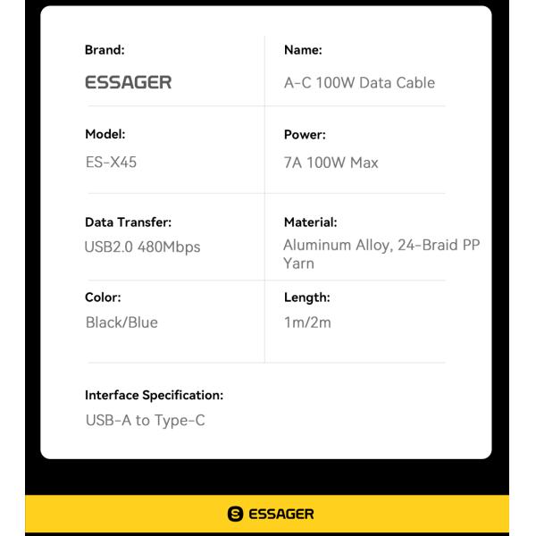 Aluminum Alloy Data Charging Cable USB C To USB A 100W 7A ESSAGER ES-X45 Series