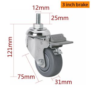China TPE 3 Inch Metal Casters Chrome Coating 75mm Swivel Castors With Brakes on sale