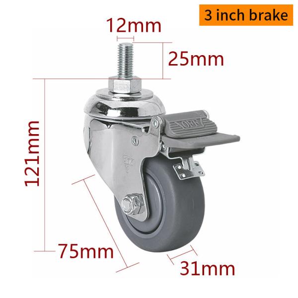 Quality TPE 3 Inch Metal Casters Chrome Coating 75mm Swivel Castors With Brakes wholesale