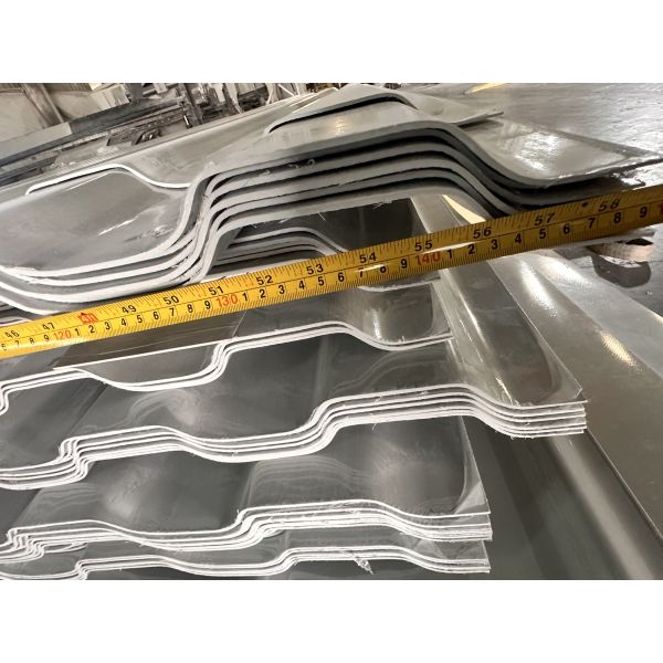 Quality FRP 1490 Glass Fiber Wavy Plate (Sample Color: 7047), designed for cooling tower applications. Measuring 1490 mm in width (unexpanded) with customizable length wholesale