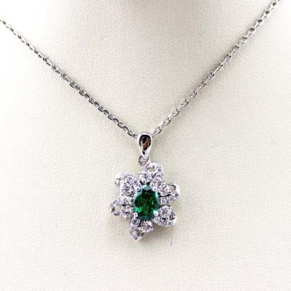 Sterling Silver Cable Chain Oval Green Cubic Zircon Pendant Necklce (P10)
