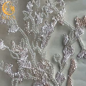 Machine Embroidery Beaded White Lace Fabric MDX Sequin 20％ Polyester